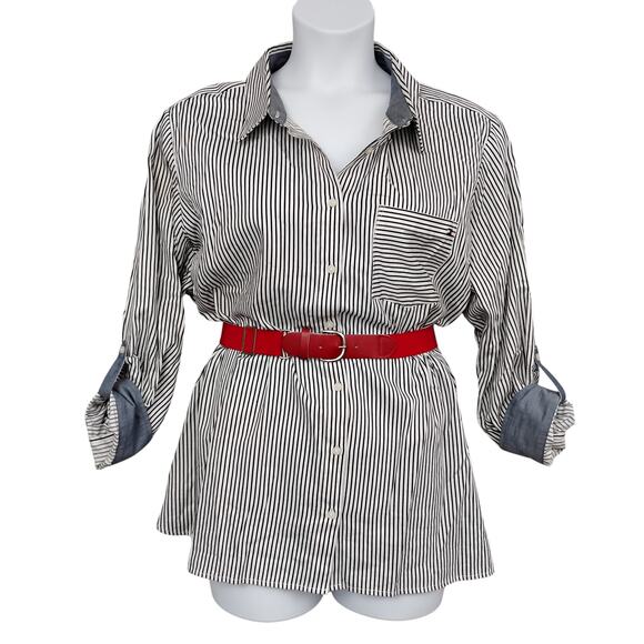 Tommy Hilfiger Button Down Shirt Size 2X Pinstriped Black and White Long Sleeve - Picture 1 of 5